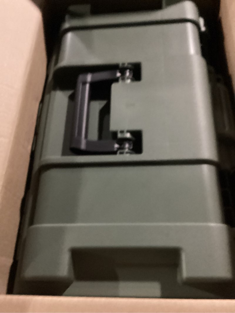 Condition photo showing New/Like New for plano storage trunk with wheels, green, 108-quart, lockable storage box, rolling airline approved sportsman trunk, hunting gear and ammunition bin, heavy-duty containers for camping large olive drab