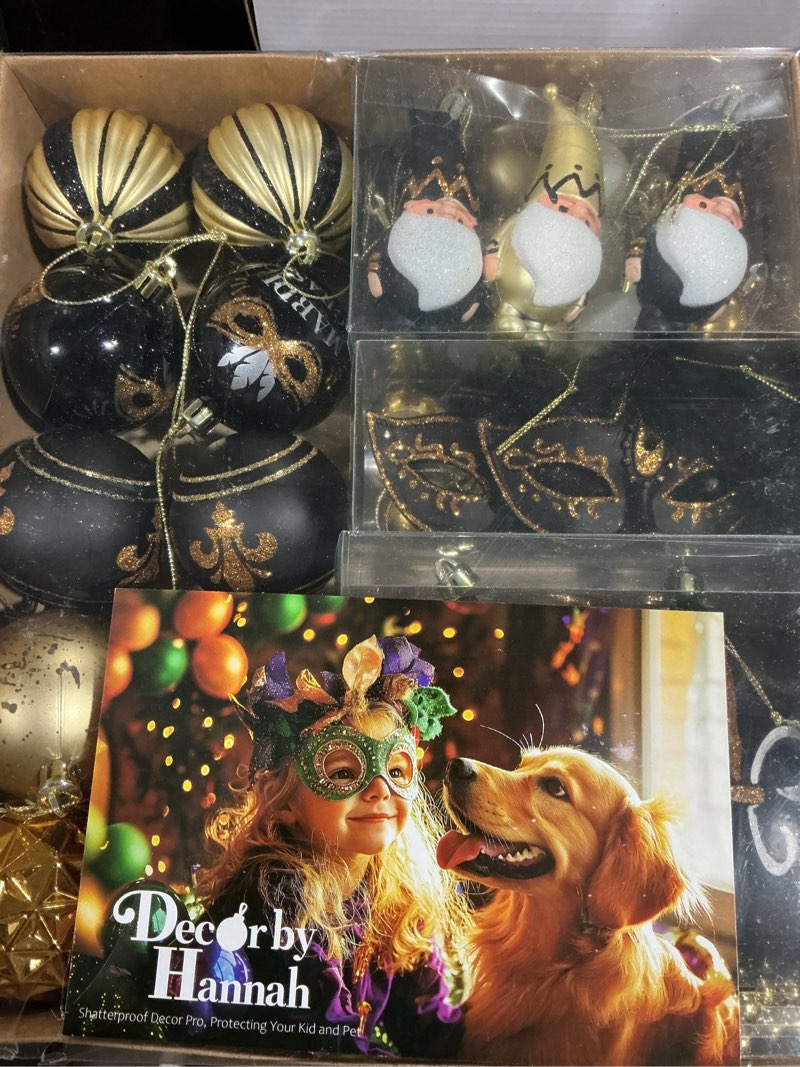 Condition photo showing New/Like New for DecorbyHannah 30ct Mardi Gras Decorations Tree Ornaments Set, Purple Green Gold Ornaments for Christmas with Carnival Masks and Beads, Gnomes, Shatterproof Ball for Indoor Table Masquerade Party Purple Green Gold 30