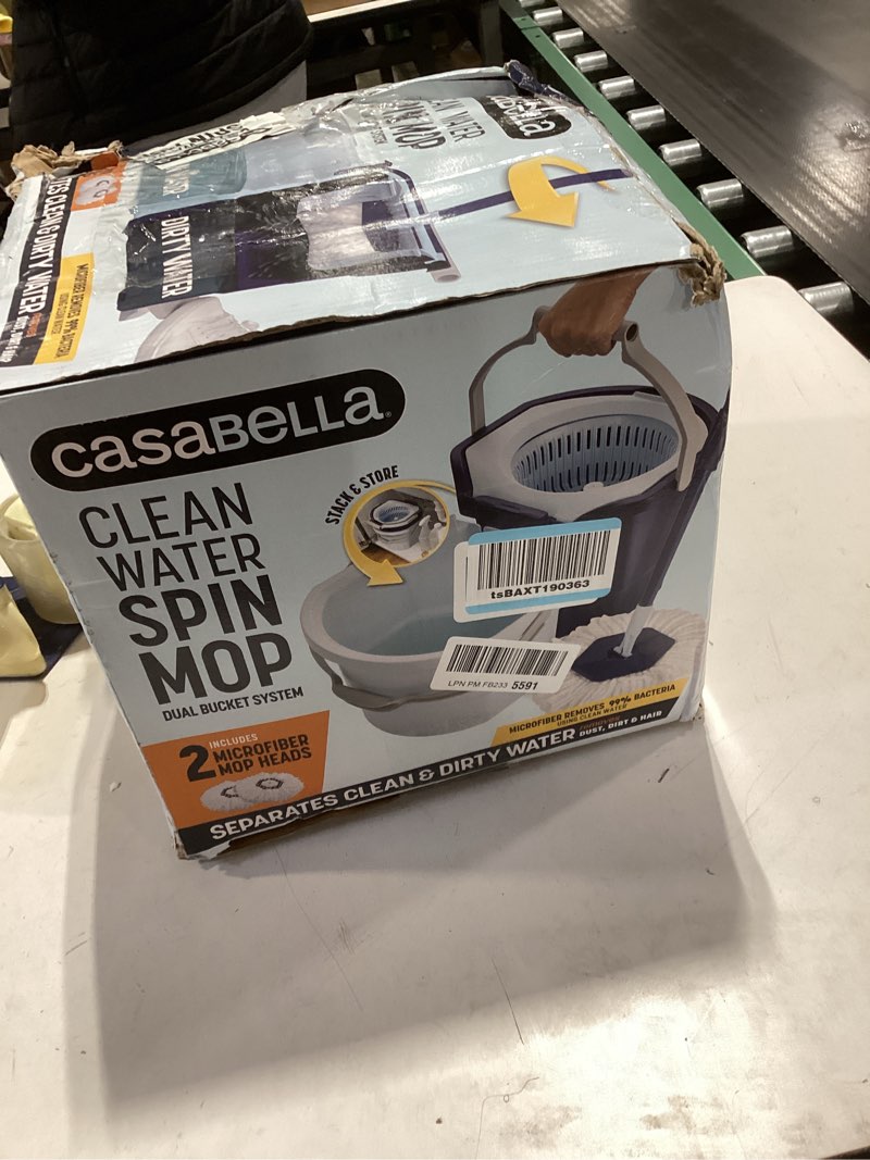 Condition photo showing As Is for Casabella Spin Mop System with Extra Mop Head Refill - Two-Bucket Design with Splash Guard Built-in Measuring Cup and Scraper Tool with Easy Wring Pedal Spinner, 1.25-Gallon, Blue