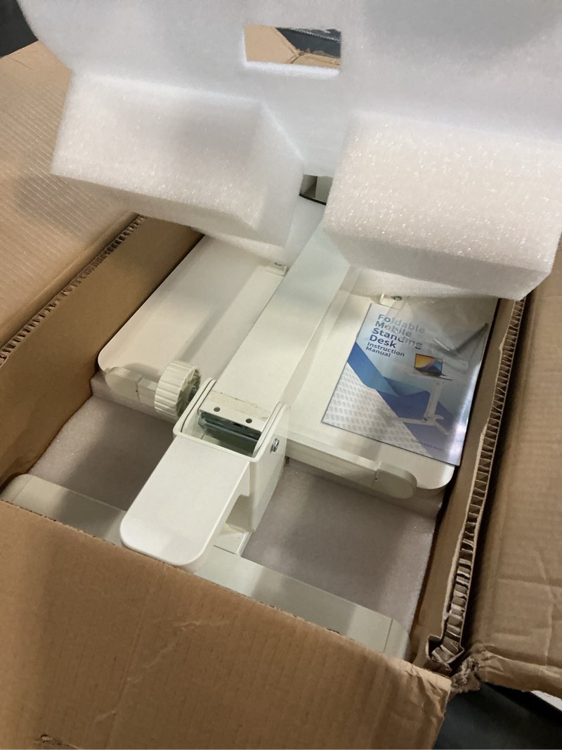 Condition photo showing Good Condition for foldable mobile standing desk, 27 inch small rolling laptop cart height adjustment, 90° tiltable bedside table, no assembly needed portable computer workstation, white