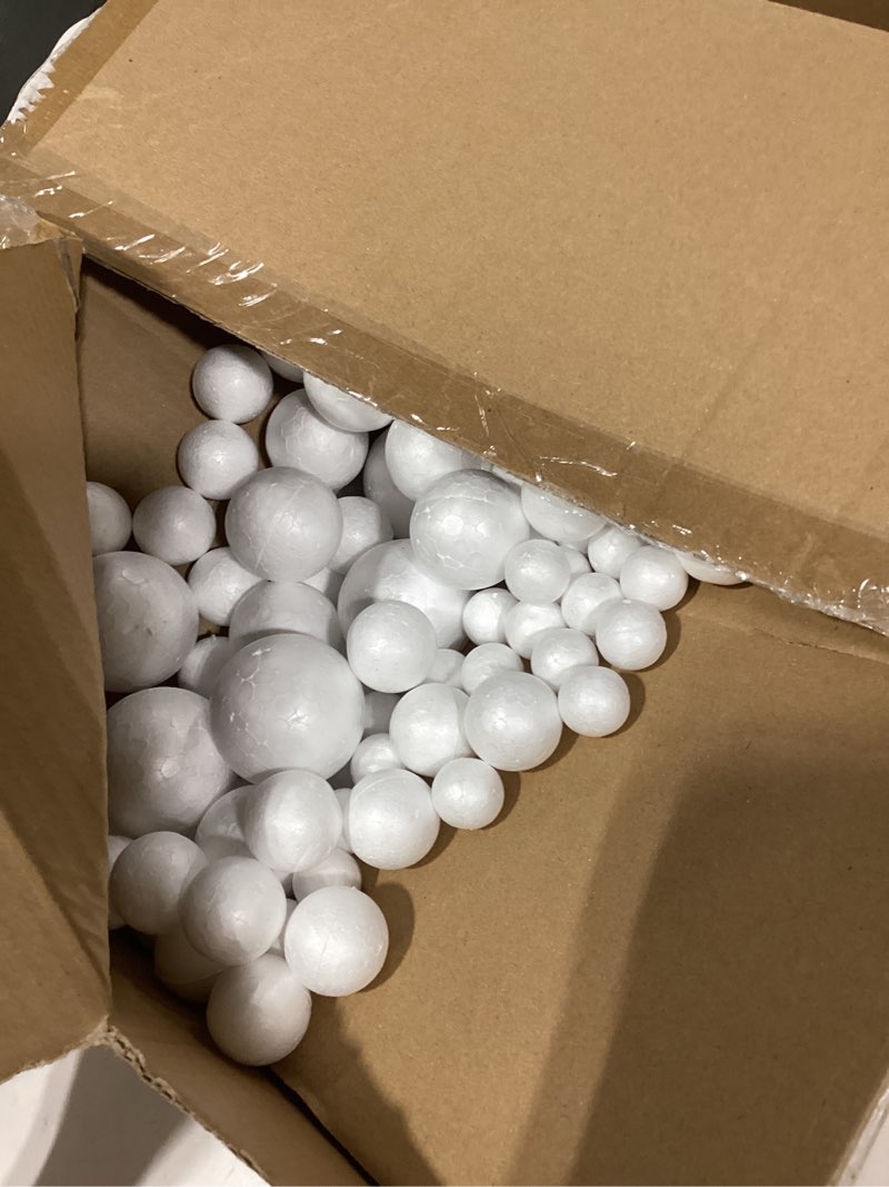 Condition photo showing As Is for bargain paradise 500 pack ultimate foam balls set – large, medium, small sizes - round craft balls for school projects, planet building, custom ornaments - 5 sizes .8’’, 1.2’’, 1.6’’, 2’’, 3" inches