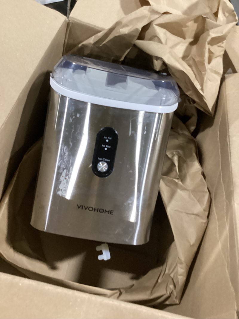 Condition photo showing As Is for vivohome electric portable compact countertop automatic chewable nugget ice cube maker machine with hand scoop 10 ice bags and self cleaning function 33lbs/day silver 33lbs/day silver-nugget