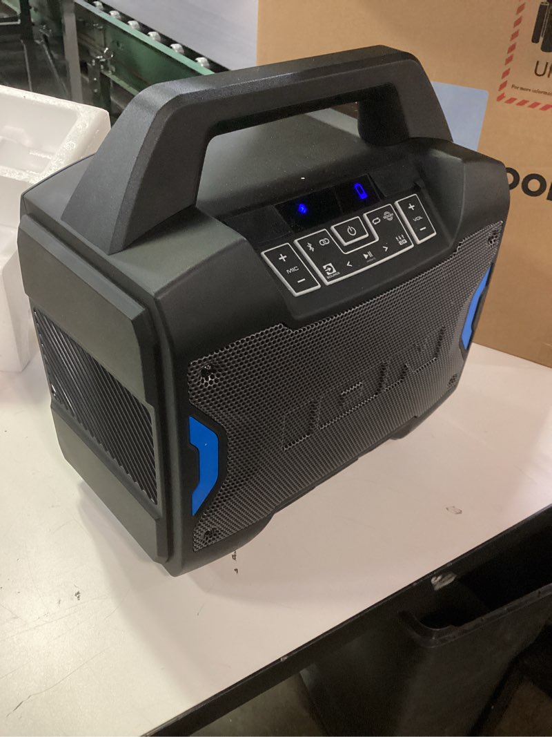 Condition photo showing As Is for ION Tailgater Boom - Outdoor Portable Bluetooth Speaker with Mic in, FM Radio, USB Port, Battery, IPX5 Water-Resistant, Wireless Stereo-Link, App, 60W 60W water-resistant