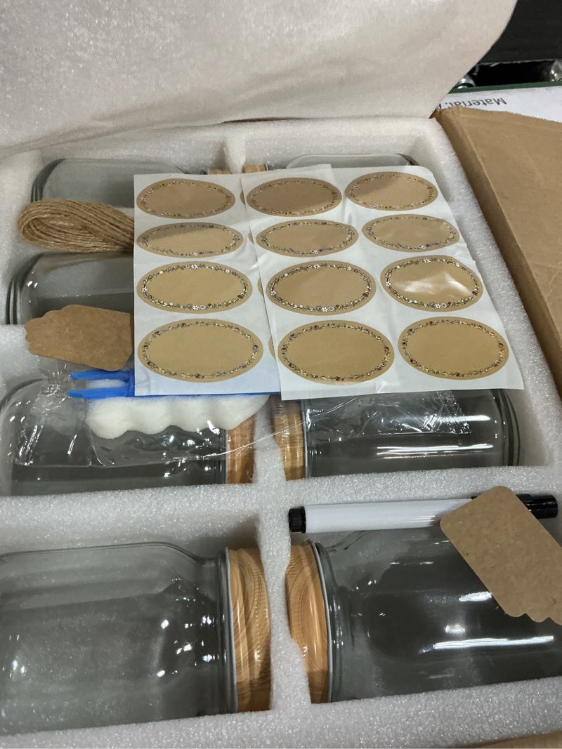 Condition photo showing New/Like New for 16pack mason jars 16oz with airtight woodgrain lids and bands, pint canning jars, clear glass jars for canning, pickling, meal prep, jam, honey, shower/wedding favors, labels & brush & twine included 16oz - 16 pack - woodgrain lids