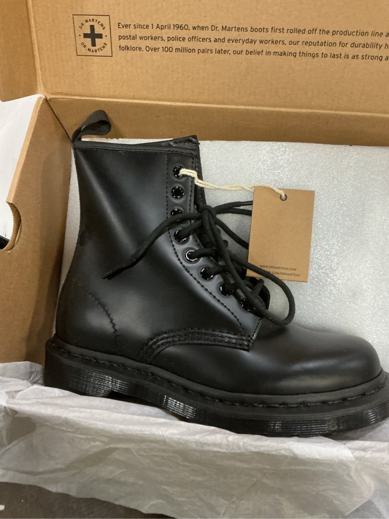 Condition photo showing New/Like New for dr. martens unisex 1460 mono smooth leather 8 eye boot, black, 6 women/5 men