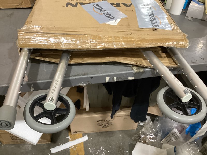 Condition photo showing As Is for medline two-button folding walker for seniors, 5" wheels, 32.5" to 38.5" height, 300-lb. capacity metallic 1 count (pack of 1)
