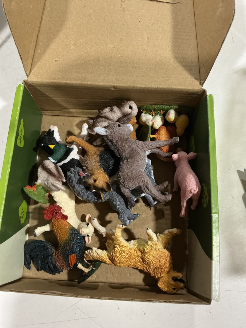 Condition photo showing As Is for farm animals toy set, 12 realistic small animal figurines with pets, livestock, poultry for kids ages 3+, educational learning playset for toddlers boys girls