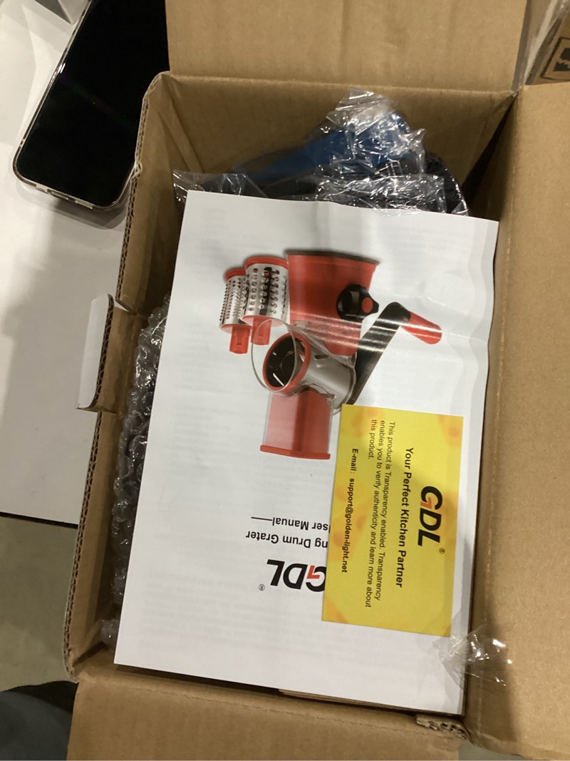 Condition photo showing As Is for Cheese Grater Rotary, Rotary Grater for Kitchen, Kitchen Vegetable Slicer with 3 Drum Blades, Fast Cutting Cheese Shredder for Vegetables and Nuts Black+Blue 3 BLADES