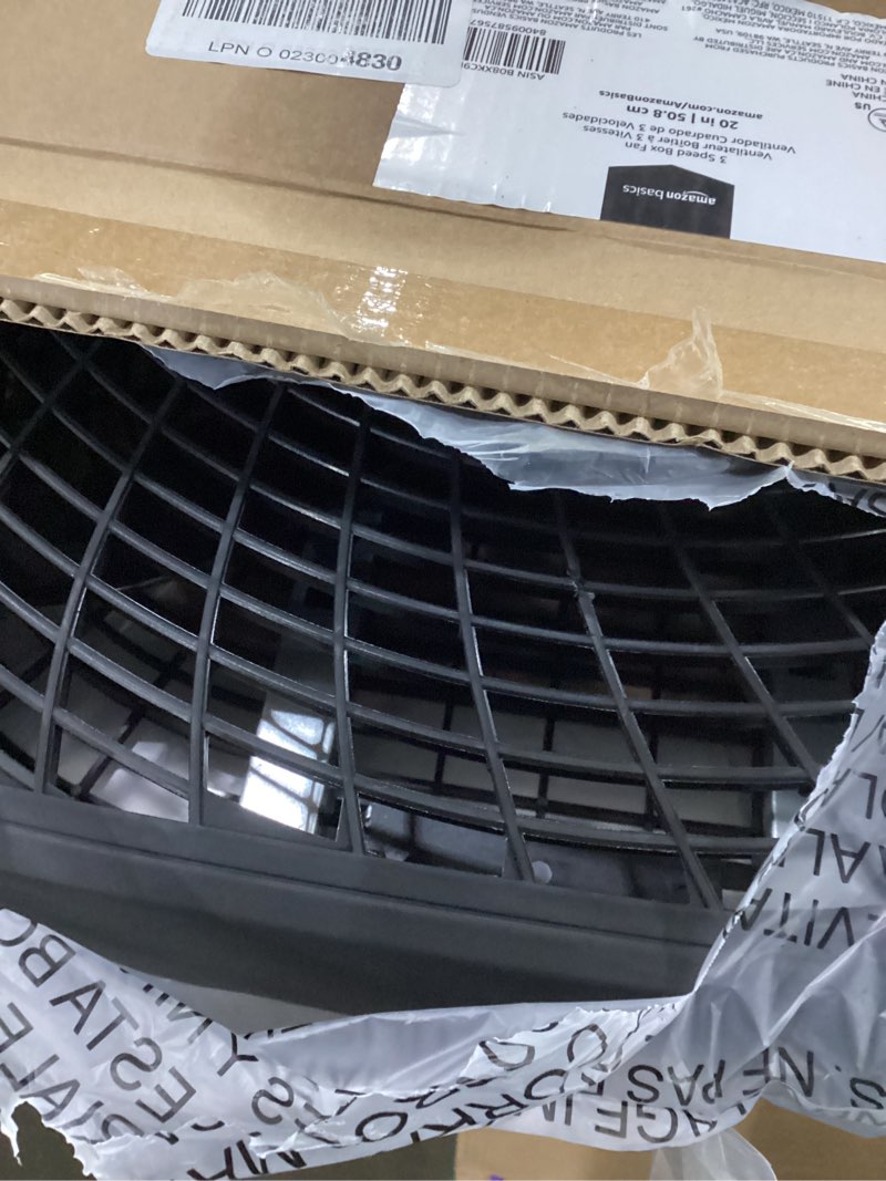 Condition photo showing New/Like New for Amazon Basics 3 Speed Box Fan, Indoor Electric Fan for Home Cooling, 5 Blades, Lightweight Design, 67 Watts, 20-Inch, Black, 6.8"D x 20.86"W x 21.33"H