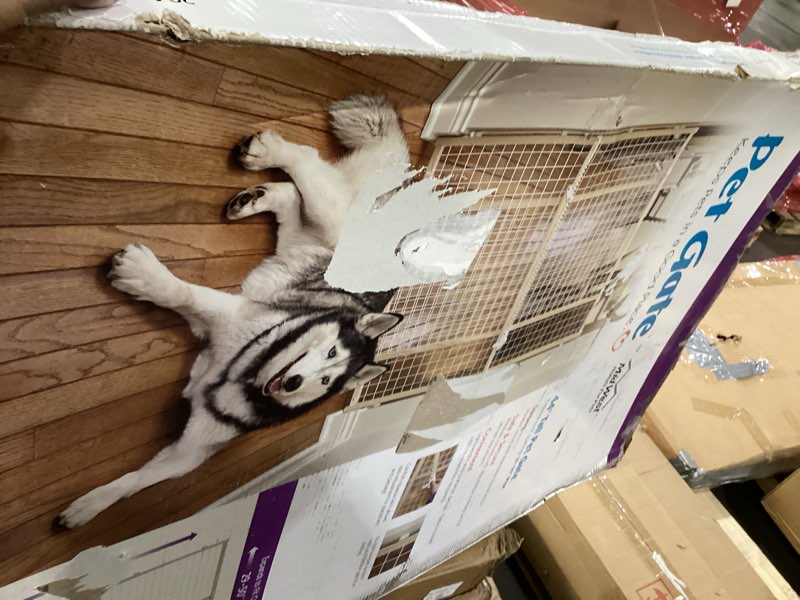 Condition photo showing As Is for MidWest Homes for Pets Wire Mesh Pet Safety Gate, Dog Gate Expands From 29 - 50 Inches Wide, 44 Inches Tall, Wood, Powder Coated Wire