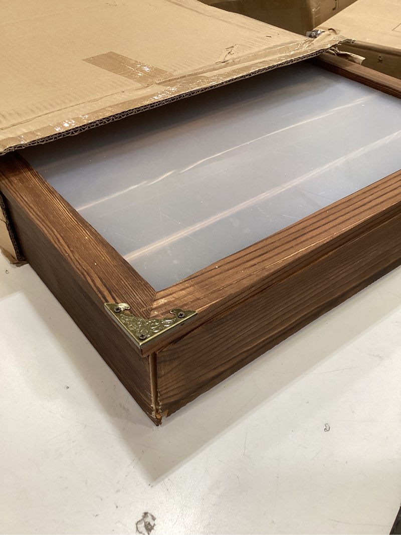 Condition photo showing As Is for tonchean 72 slots large shot glass display case, wall mounted shot glass holder with acrylic door, wooden glass display cabinet with removable shelves, 26.85'' x 17.5'' x 3.35''