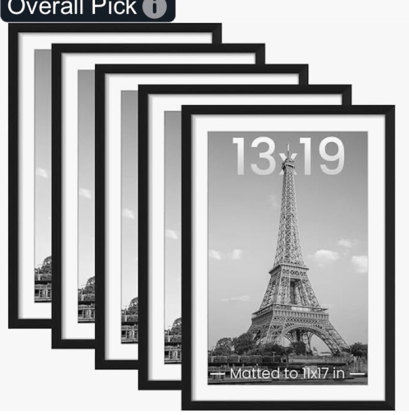 upsimples 13x19 Picture Frame Set of 5, Display Pictures 11x17 with Mat or 13 x 19 Without, Wall Gal
