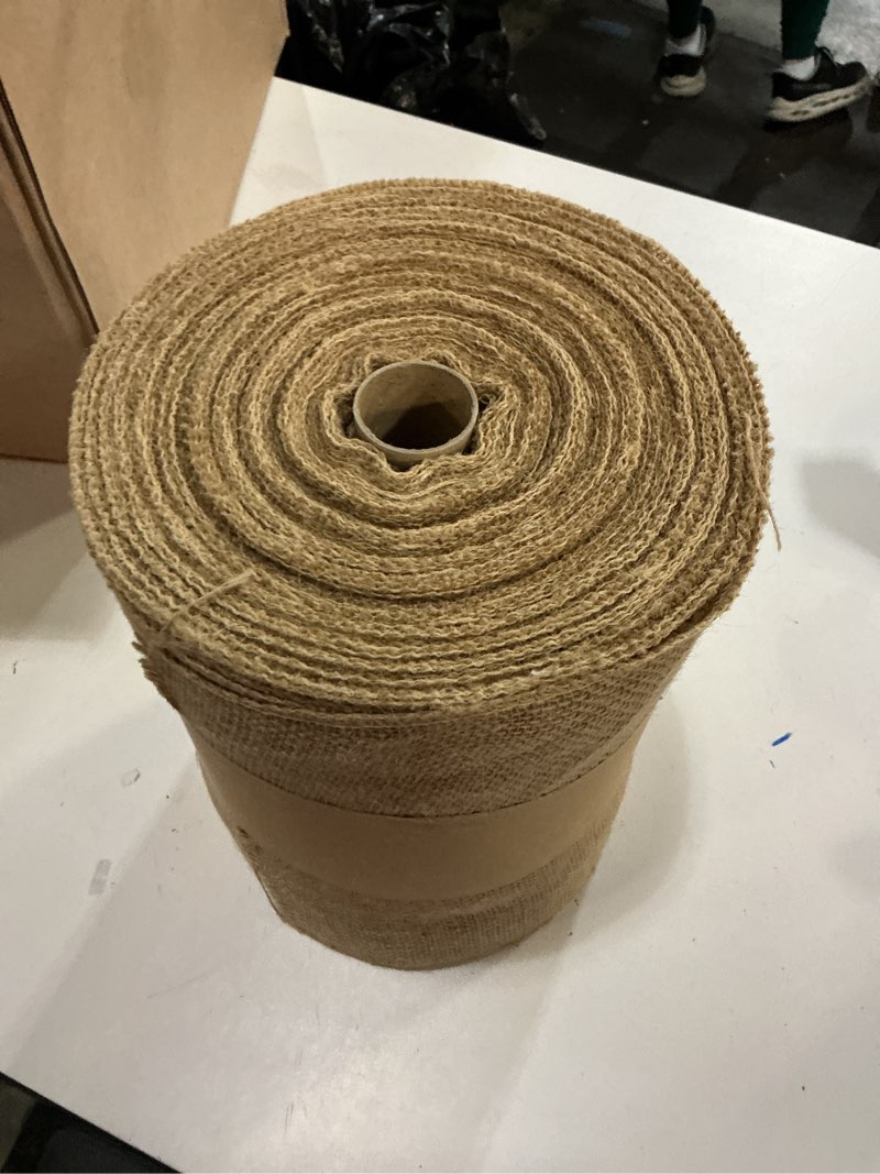 Condition photo showing As Is for burlap table runner 12 inch by 50 yards natural jute hessian burlap roll crafts fabric rolls with sewn edges for country rustic party wedding decorations farmhouse kitchen decor(12" x50yard)
