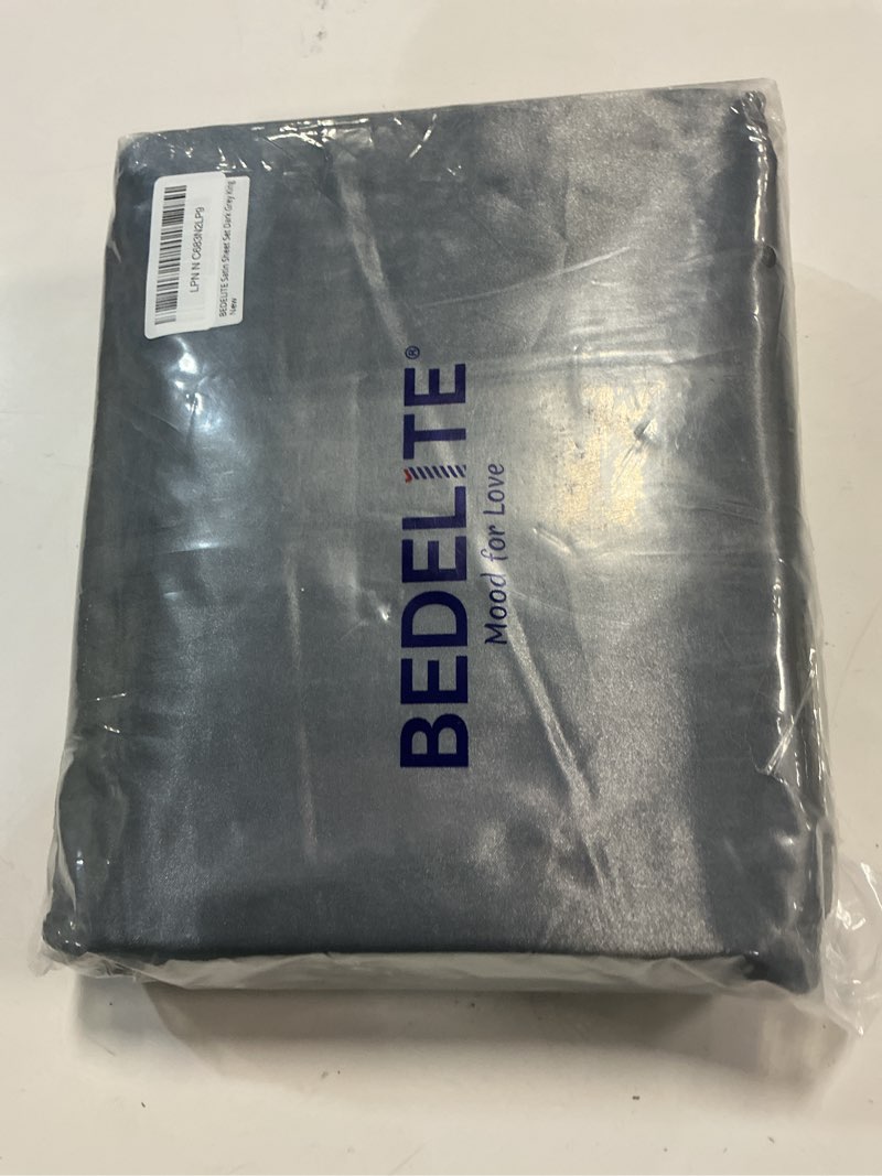 Condition photo showing New/Like New for bedelite king size sheets set, luxury soft dark grey satin sheets for hair and skin, similar to silk bed sheets set 4 pieces with 1 deep pocket fitted sheet, 1 flat sheet, and 2 pillowcases dark grey king