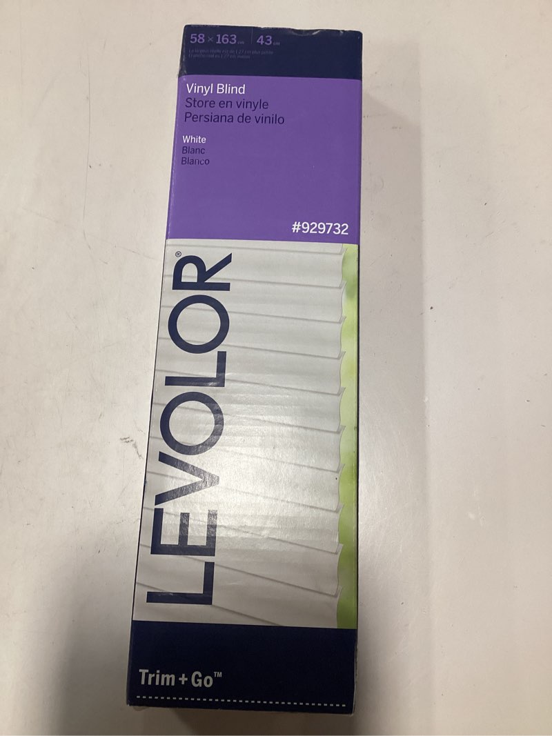 Condition photo showing As Is for Levolor 23 x 64 Cordless White Vinyl Blinds with 1 inch S-Curve Slats New In Box