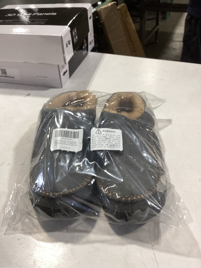 Condition photo showing Good Condition for Men’s Slip-On Moccasin Slippers, Warm Winter Microsuede House Shoes with Memory Foam, Indoor and Outdoor Loafer Style 9-10 Grey