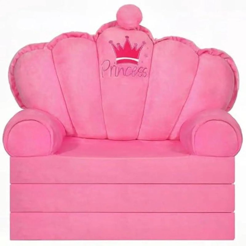 Pink Princess Toddler Couch Fold Out, 2-in-1 Foldable Sofa Bed & Chair for Kids 1-5, Comfy Crystal Velvet Kids Lounge Chair for Playroom, Gift