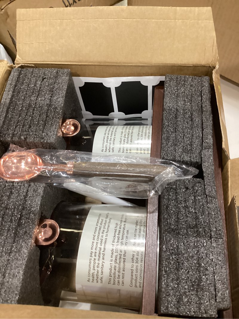 Condition photo showing Good Condition for glass coffee container with wooden shelf, 2 x 40 floz coffee bean storage with sealed closure clips and copper spoon, kitchen large capacity food storage jar, ground coffee container