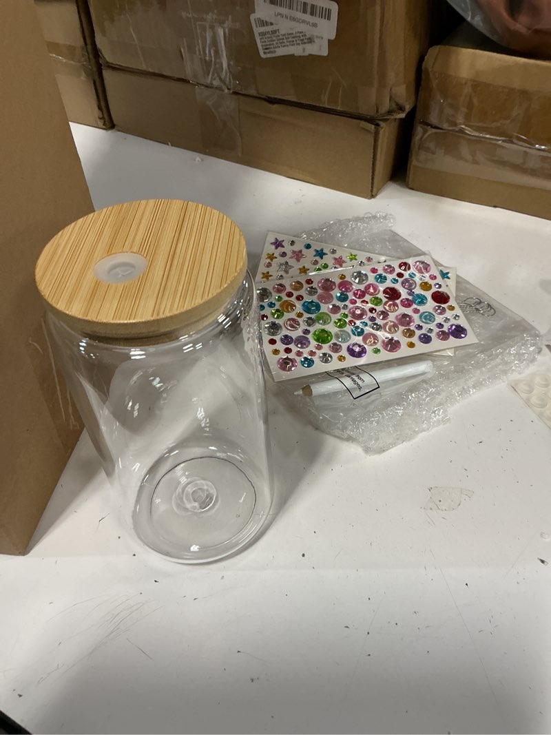 Condition photo showing Good Condition for 8 pcs 16 oz plastic cups with lids and straws acrylic mason jars with bamboo lids mason jar tumblers with sticker and diamond for diy decorate mugs drinking for water beverage beer (clear) 16 oz clear 8
