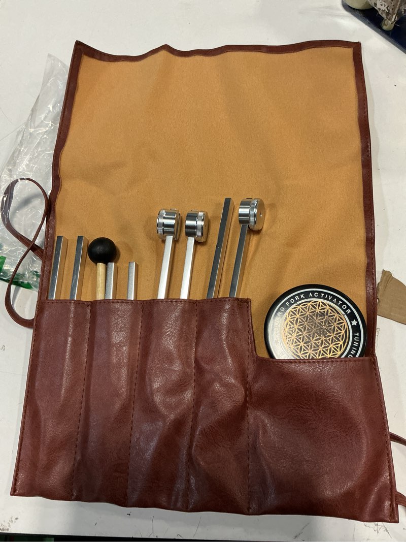 Condition photo showing As Is for Tuning Forks for Healing Set – Includes 128Hz, 136Hz, 256Hz, 384Hz & Activator, Portable in Red Leather Pouch – Medical Grade Sound Healing Instruments for Chakra, Yoga, and Meditation Tuning Fork 4set Red