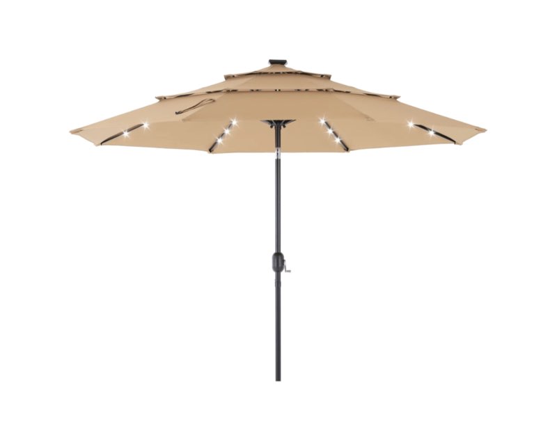 edx 11ft 3-Tier Solar LED Patio Umbrella with Tilt Adjustment and UV-Resistant Polyester Fabric, Outdoor Market Umbrella, Khaki