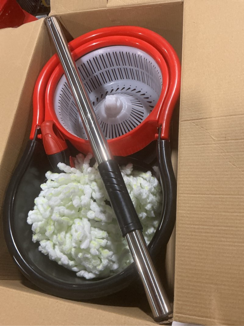 Condition photo showing As Is for mop and bucket set strongest heaviest duty mop - best floor mop easy to use - for professional home floor cleaning system - 360 spin non scratch microfiber wet jet mop with integrated wringer bucket