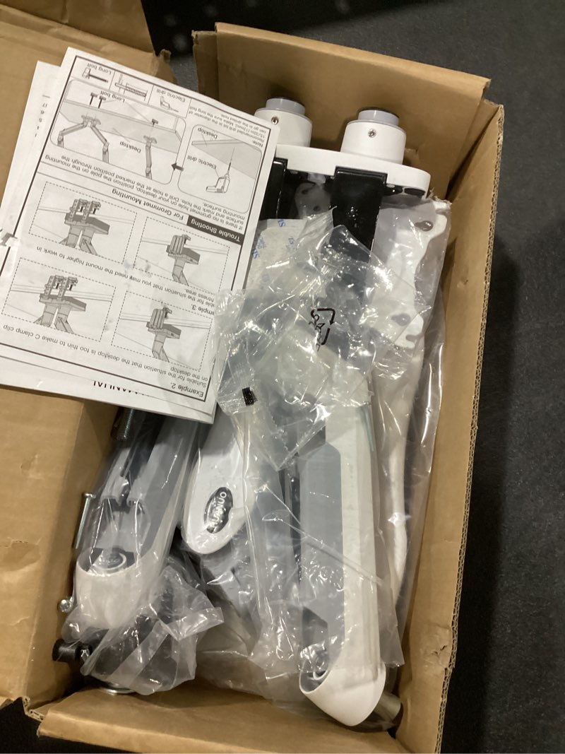 Condition photo showing As Is for HUANUO Dual Monitor Stand - Full Adjustable Monitor Desk Mount Swivel Vesa Bracket with C Clamp, Grommet Mounting Base for 13 to 32 Inch Computer Screens - Each Arm Holds 4.4 to 19.8lbs - White White 13-32 Inch