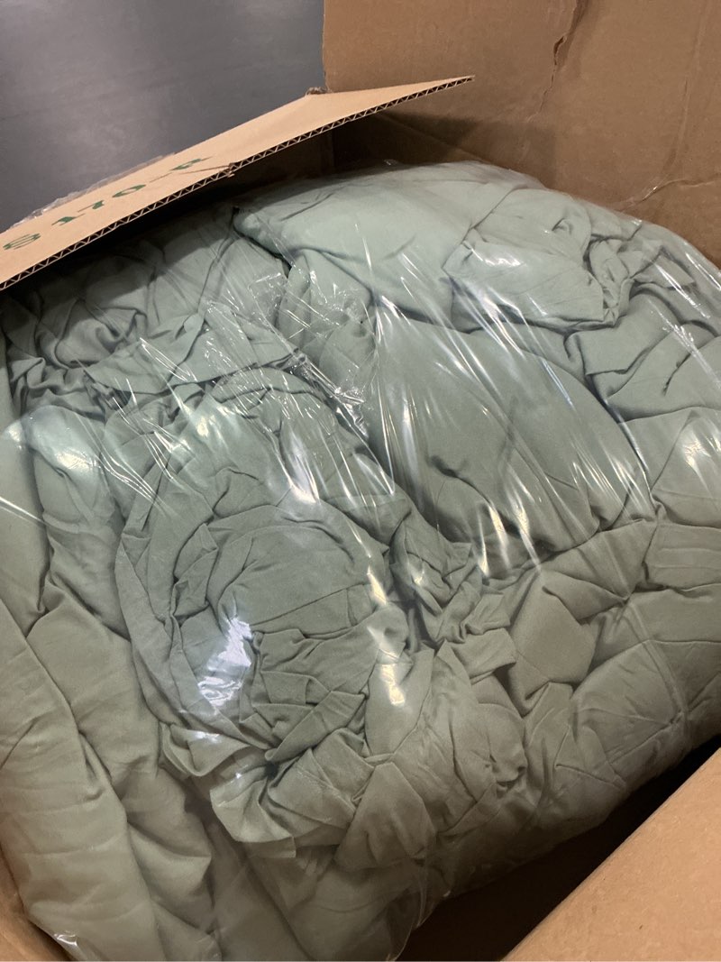 Condition photo showing As Is for Chezmoi Collection Nora 3-Piece Ruffled Edge Trim Soft Washed Microfiber Comforter Set (Queen, Sage Green) Sage Green, Ruffled Edge Queen