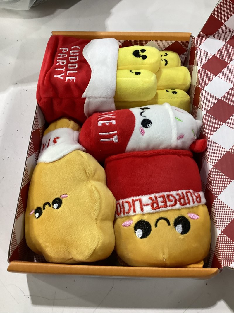 Condition photo showing New/Like New for joyin 4 pcs emotional support plushies, fast food plush stuffed toys set, anxiety relief toys, burger fries chicken nuggets & milkshake plushies, for friends women kids