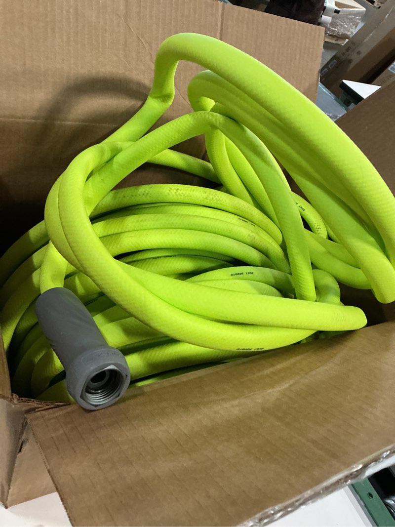 Condition photo showing As Is for flexzilla garden hose 5/8 in. x 50 ft., lightweight all-weather water hose, durable and flexible, leak-free connections standard grip 50ft chartreuse