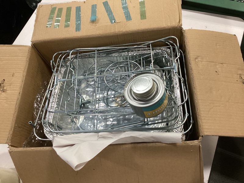 Condition photo showing As Is for (Incomplete)Chafing Dish Buffet Set, Half Size, Disposable Catering Supplies -6 Pack- Food Warmers for Parties: Foldable Wire Racks, Fuel, Aluminum Water Pans, Food Pans, Serving Utensils -Single Pan Food Warmer
