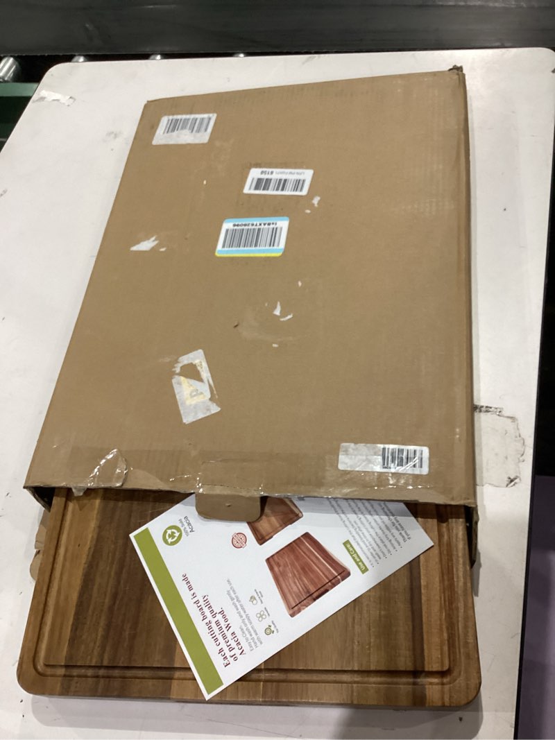 Condition photo showing Good Condition for 20 Inch Large Acacia Wood Cutting Board 1.5" Thick, Reversible Wooden Cutting Board for Kitchen, Charcuterie Board Cheese Board with Deep Groove, Chopping Board for Meat, Vegetables, Fruit 20"L x 15"W