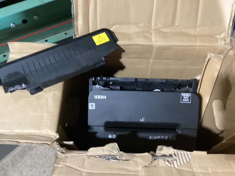 Condition photo showing As Is for fellowes automax micro-cut 100m commercial office auto feed 2-in-1 paper shredder with 100-sheet capacity, black 100-sheet micro-cut