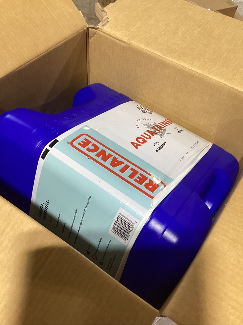 Condition photo showing New/Like New for Reliance Products Aqua-Tainer 7 Gallon Rigid Water Container, Blue , 11.3 Inch x 11.0 Inch x 15.3 Inch