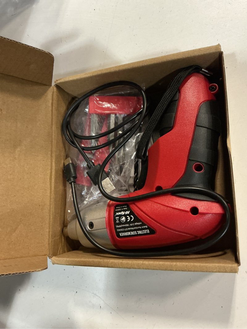 Condition photo showing Good Condition for hi-spec small electric screwdriver, mini drill set, rechargeable 3.6v cordless screwdriver with 26 driver bits, power tool for small projects & home use, red