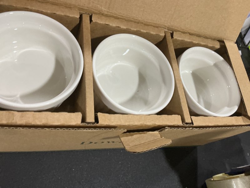 Condition photo showing Good Condition for DOWAN Ramekins 6 oz Oven Safe for Creme Brulee Souffle, Porcelain Ramekin for Baking, Classic Style Small Bowls Souffle Dishes Custard Cups for Dipping Sauce, Set of 6, Soft White 6 oz White