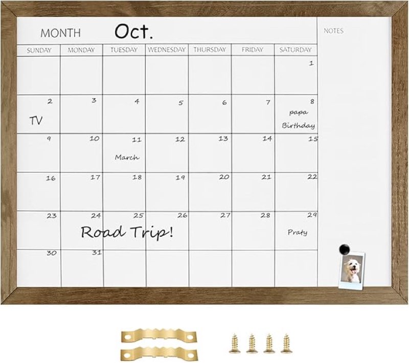 TORASO Dry Erase Monthly Calendar Board, Solid Pine Wood Frame Magnetic Whiteboard for Wall, Office/School/Home, Hanging Board 17.7"x 23.6"(YL-RB-4560-A)