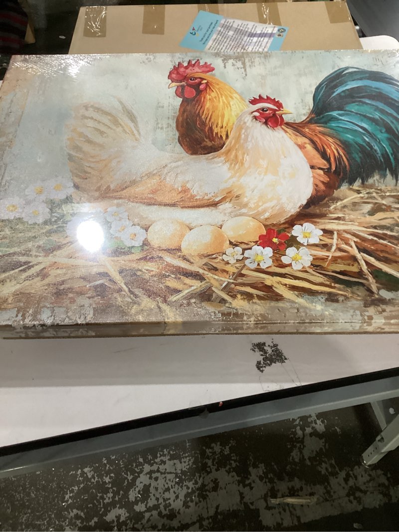 Condition photo showing New/Like New for KREATIVE ARTS Farmhouse Chicken Picture Canvas Wall Art for Kitchen Dining Room Rustic Rooster with Fresh Eggs Framed 24x32 Inch Hen and Hatching Chicks Painting Ready to Hang