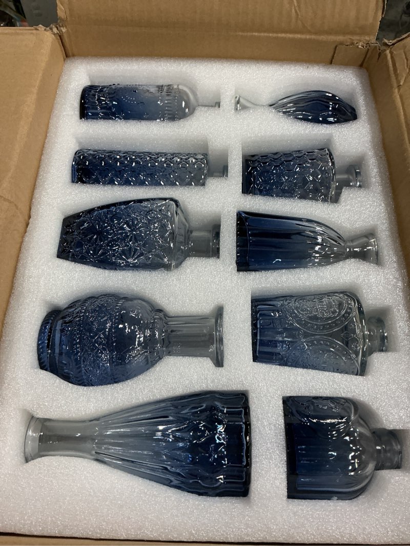 Condition photo showing New/Like New for Glass Bud Vase Set of 20 - Small Vases for Flowers in Bulk - Assorted Vintage Crystal Vases for Flowers, Table Centerpieces (Blue, 20 Pcs) 20 Pcs Blue