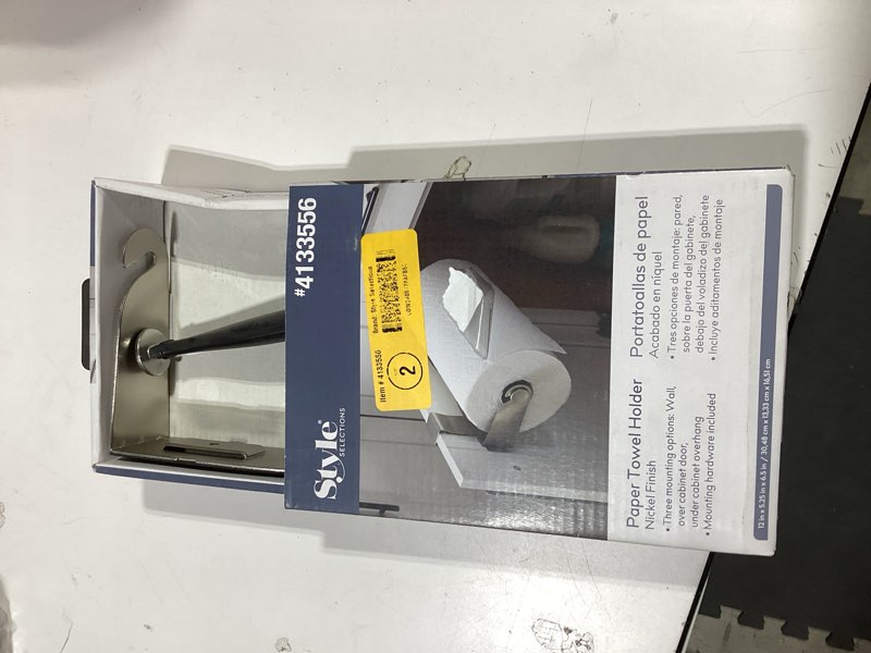 Condition photo showing As Is for style selections nickel metal undercabinet paper towel holder