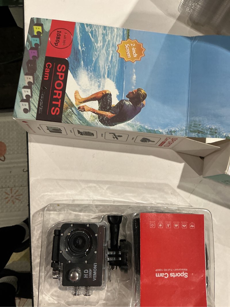 Condition photo showing Good Condition for vemont action camera, 1080p 12mp sports camera full hd 2.0 inch action cam 30m/98ft underwater waterproof snorkel surf camera with wide-angle lens and mounting accessories kit black