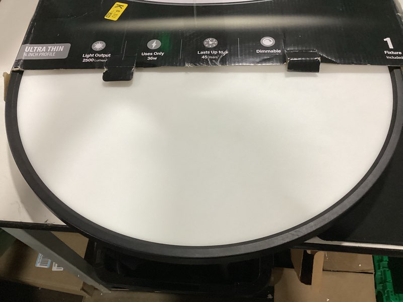 Condition photo showing As Is for feit electric 25in selectable white ceiling light, 2500 lumens, 5 color temperatures (2700k-6500k), dimmable, 36w flush mount, perfect for office, kitchen, and living spaces, fm25lp6wybk selectable white 25in. downlight
