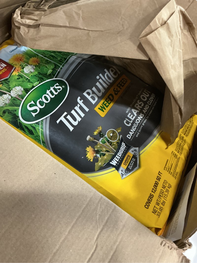 Condition photo showing New/Like New for scotts turf builder weed and feed5 - weed killer plus lawn fertilizer, lawn weed killer, controls dandelion and clover, grass fertilizer for up to 12,000 sq. ft., 33.95 lb.