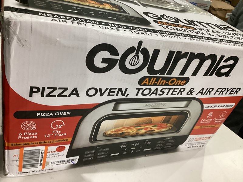 Condition photo showing As Is for Gourmia Indoor Pizza Oven Air Fryer Toaster – 1800W Countertop Multi-Cooker with Pizza Stone, Digital Controls & 6 Presets, Stainless Steel