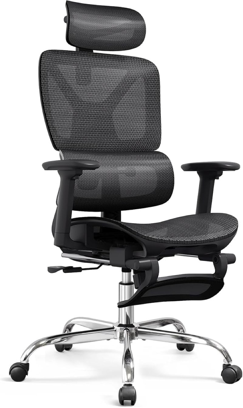 DEVAISE Ergonomic Mesh Office Desk Chair with a Footrest, Heavy Duty, High Back Reclining Swivel Comfy Home Computer Chair with Lumbar Support, SGS Class 4 Gas Lift, for Work Home Office, Black