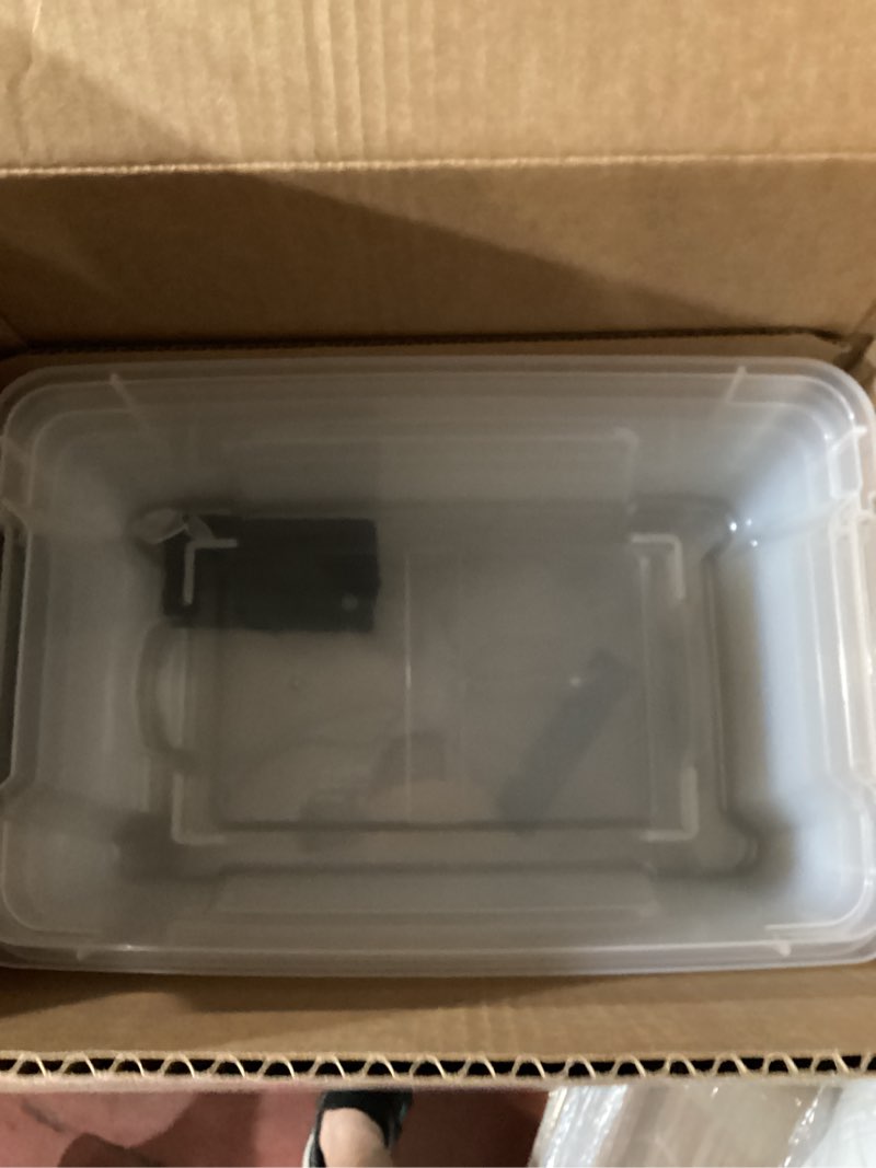 Condition photo showing As Is for iris usa 13 qt plastic storage box with lid and latches - 6 pack - bpa-free, see-through organizing solution, durable nestable stackable containers, secure pull handle - clear clear 13 qt 6 pack