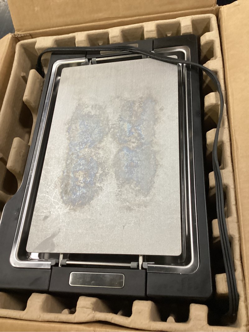 Condition photo showing As Is for electric griddle, 14" indoor grill, spatula & fork included | 536°f max temp, 5mm stainless steel plates, nonstick flat top grill, dishwasher-safe
