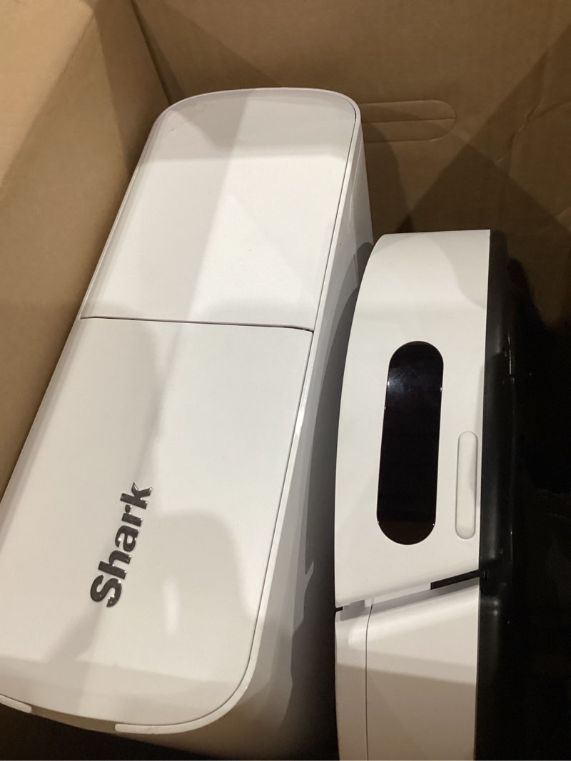 Condition photo showing As Is for shark iq robot vacuum with bagless self-empty 60 day capacity base, multi-surface cleaning, powerful suction, pet hair pickup, for carpets & hardfloors, home mapping, white, rv2302ae