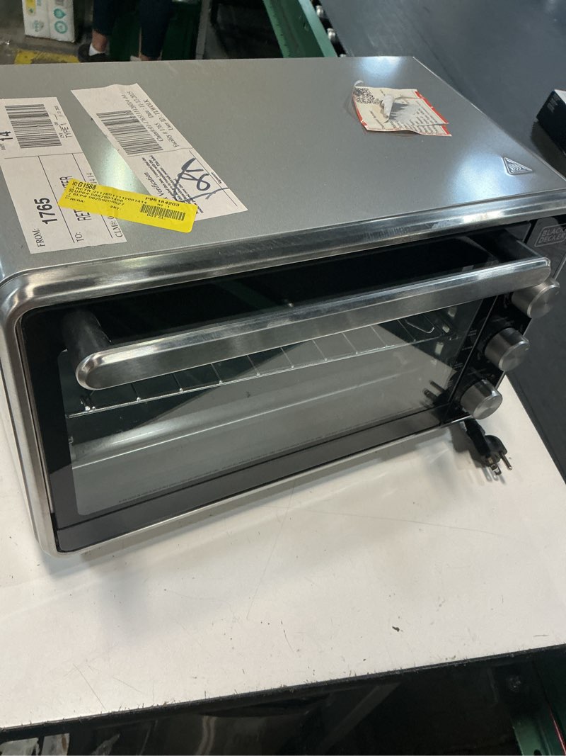 Condition photo showing As Is for black + decker crisp 'n bake pro 6-slice air fryer toaster oven with basket, pan, rack & tray, stainless steel