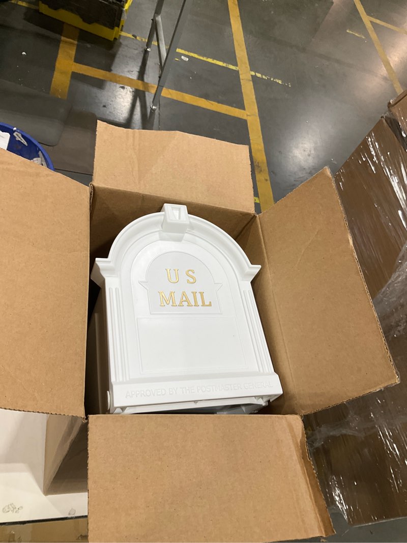 Condition photo showing Good Condition for the ambrose mailbox, durable plastic, easy to install, flag included, white